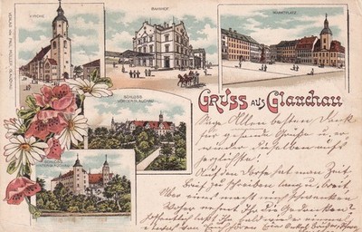 Postcard Glauchau, greetings from..., multi-picture lithome including station