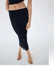 Zara Rhinestone Jewel Lace Mesh Stretch Midi Skirt Black Size S NWT