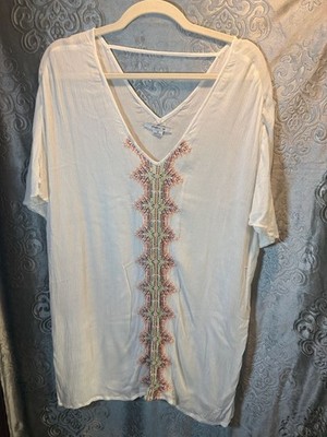 O'Neill White Embroidered V-Neck Gauze Tunic Top Size S