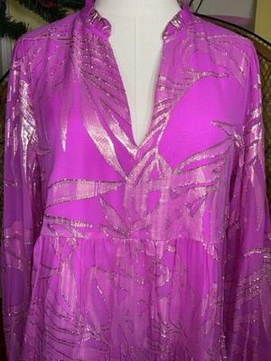lilly pulitzer sarita silk dress Lilly Pulitzer Sarita Tiered Silk Dress (Size 12) (Coconut Rose Gold Multi Floral Metallic Clip)