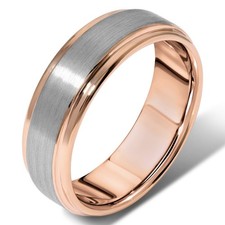 8mm Silver  Rose Gold Tungsten Ring Brushed Stepped Edge Mens Wedding Band