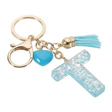 Initial Letter Keychain, Letter t Heart Design Charm with Tassels, Blue
