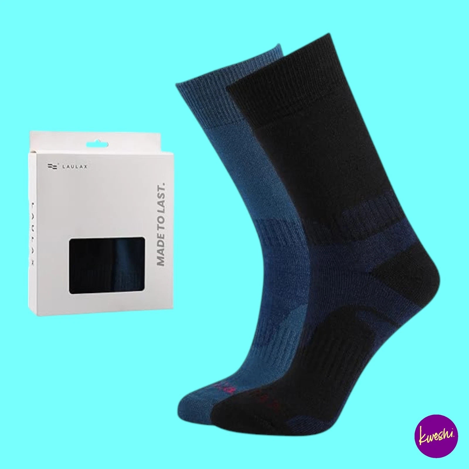 LAULAX Ladies 2 Pairs Merino Wool Hiking Socks, Black/Blue, UK 3-7 | EU 36-40