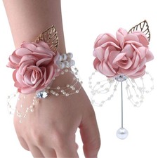 Wrist Corsage Rose Flower Brooch Set Wedding Prom Bracelet Hand Accessory