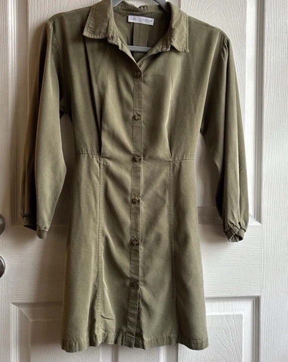🪴Zara Kids Girls Size 11-12 Green Solid Shirt Dress Belted Long Sleeve