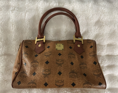 #ad MCM Boston Brown Visetos Monogram Top Handle Satchel with Zip Closure $245.00