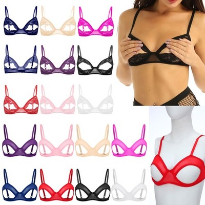 Womens Mesh Sheer Open Cup Nipples Underwire Bra Tops Push-up Unlined Bralette