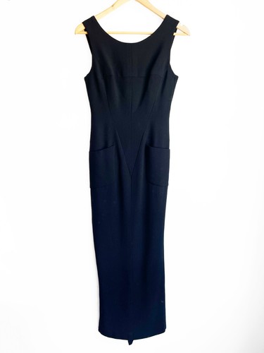 CHANEL Vintage schwarz Wolle ärmellos Logo Knopfleiste langes Meerjungfrau Kleid 40/8 - Bild 1 von 6