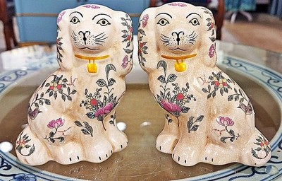Pair, Porcelain Reproduction Staffordshire Dogs. Hand Painted Rose Pattern-6 H