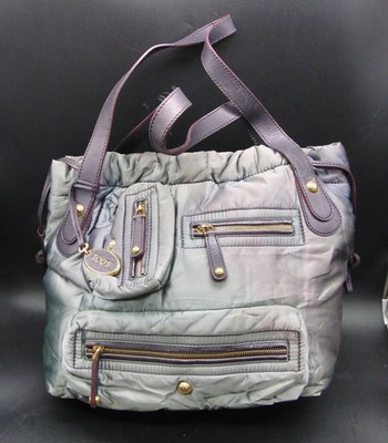 Authentische TOD'S Handtasche grau Nylon gesteppt Ledergriffe Länge 36 cm