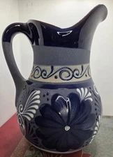 Talavera Mexican Pottery Water Pitcher Vase Jug Folk Art Blue Gray 11"x8"