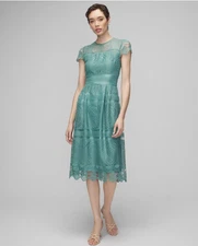 White House Black Market Embroidered Lace Fit n’ Flare Agave Green Dress 0