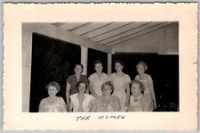Vtg B&W Snapshot Group Of Seven Women Posing On Porch In Summer Dresses 1949
