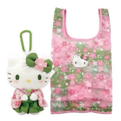 Sanrio Hello Kitty Matcha Kimono Plush Keychain w/ Foldable Eco Tote Bag