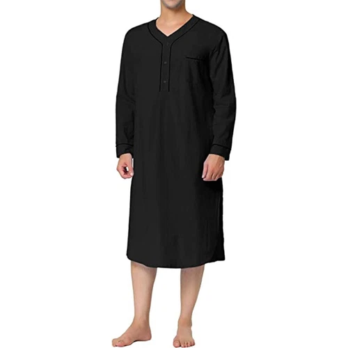 Herren Baumwolle Nachthemd Langarm Locker Lang Schlafshirt Pyjama Nachtwäsche Kleid - Bild 15 von 41