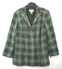 Elana By Tanner Womens Green Plaid Long Coat Silk Button Closure Pockets 16