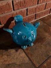 VINTAGE` FAT ROUND BLUE BIRD CERAMIC PIGGY BANK