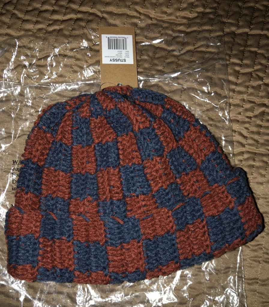 Stussy Crochet Checkered Beanie - Red / Navy | eBay