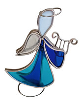 Vintage Stained Glass Angel Blue White Silver