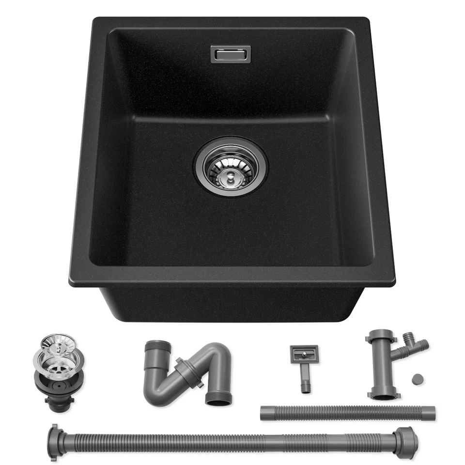 Granitspüle Spülbecken Einbauspüle Küchenspüle Siphon Spüle Schwarz 40 x 44 CM 