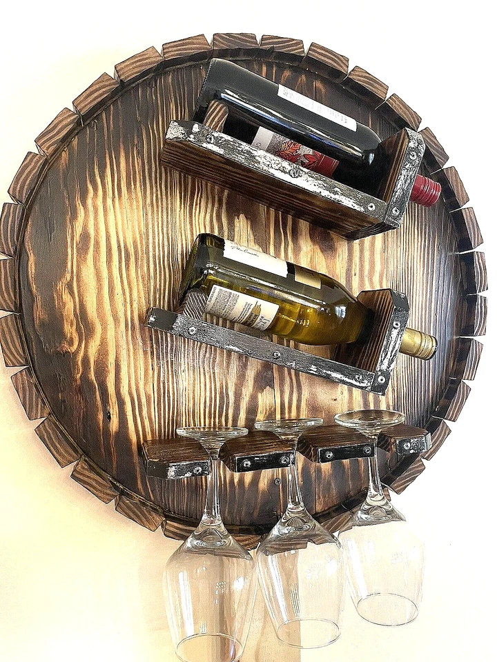 Rack de vinho com suporte de copo de taça rústico feito à mão de madeira - Imagem 2 de 4