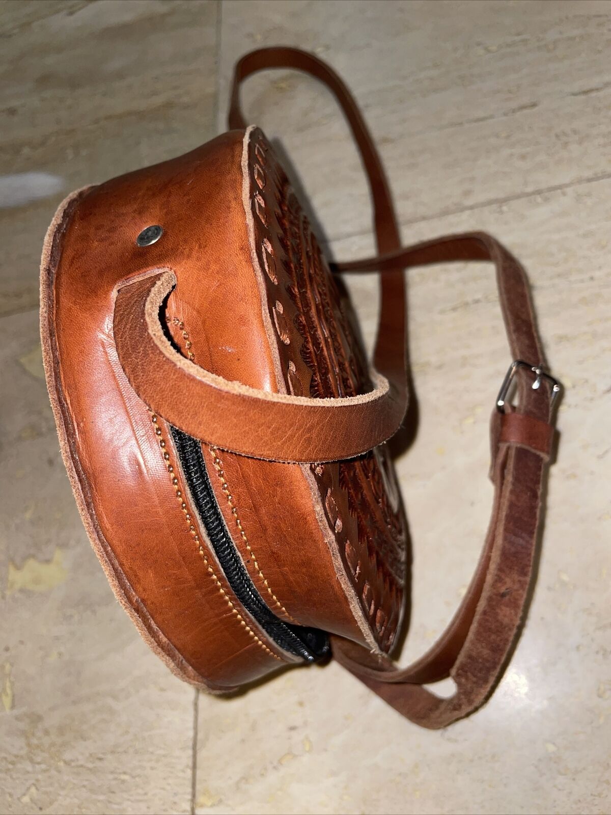 Leather Crossbody Handbag Circular Hand Tooled Ha… - image 8