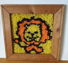 Vintage Betty's Rug Squares Latch Hook Lion Wall Hanging Framed Yarn Picture