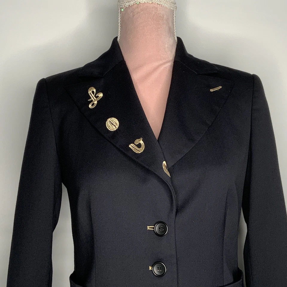 Raro Love Moschino Azul Marino Mujer Blaser Dorado Bordado Talla EE. UU. 4 Precioso Foto 4 de 4