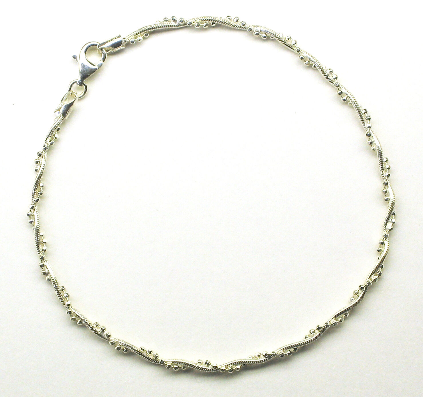 Sterling Silver Twisted Snake & Bead Ankle Bracelet Jewelry Size