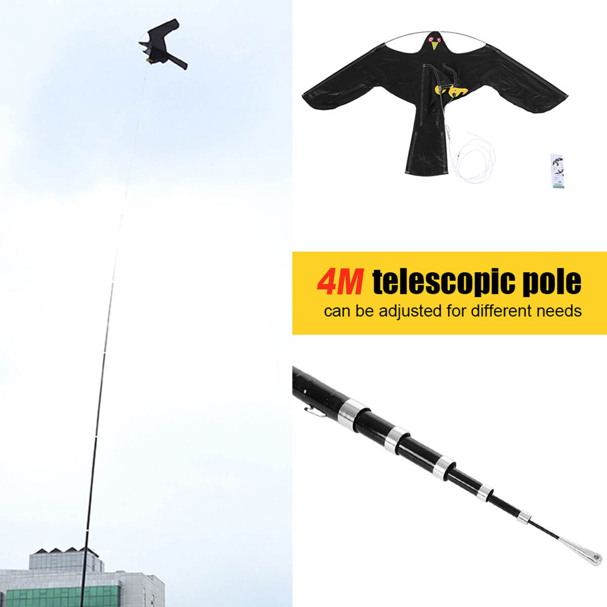 Flying Hawk Kite Garden Bird Repeller Scarer Extendable and 4m