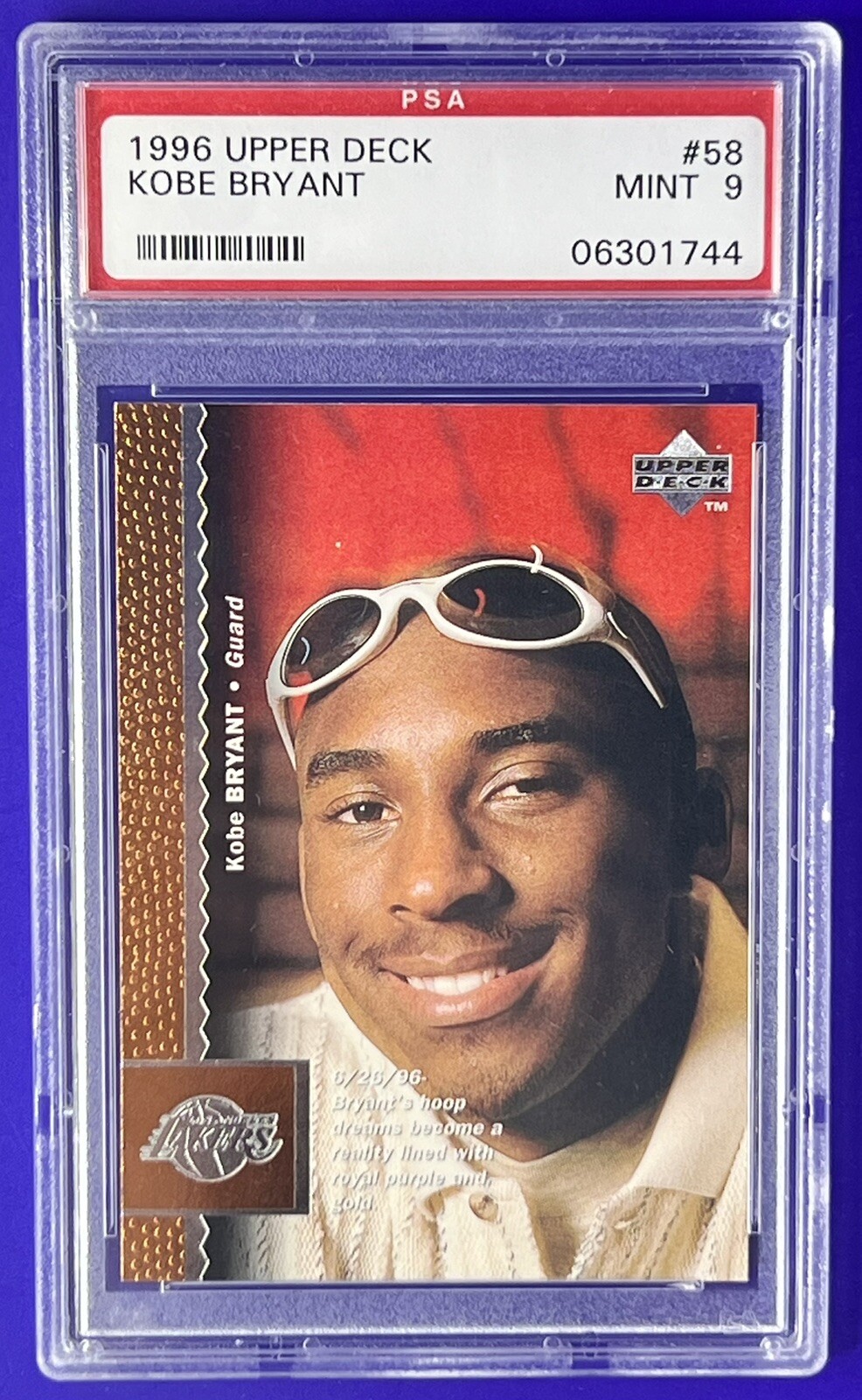 1996 Upper Deck #58 Kobe Bryant RC Rookie Lakers HOF PSA 9 MINT