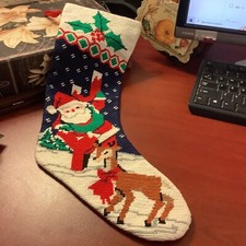 Needlepoint Stocking Santa Claus/Reindeer/Snow Primary Colors Red Fabric Back 