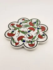 Vintage Ceramic Turkish Floral Tile Trivet Red