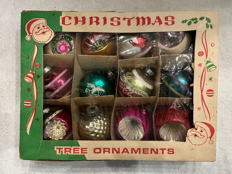 VINTAGE BOX 12 POLAND & SHINY BRITE MICA MERCURY GLASS 2.25"-2.5" TREE ORNAMENTS