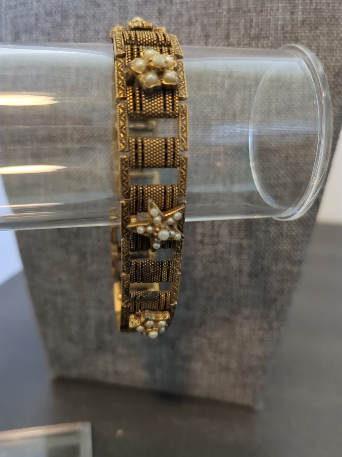 Vintage Goldette Bracelet Pearls Panel Link Gold Tone Mid Century Designer Jewel