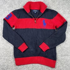 Polo Ralph Lauren Sweater Boys L 14-16 Blue Red Striped Quarter Zip Big Pony