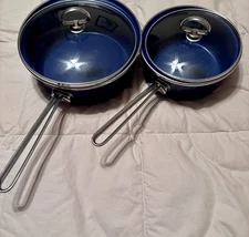 2 Vintage Chantal Cobalt Blue Enamel Sauce Pan Pot w/Glass Lid