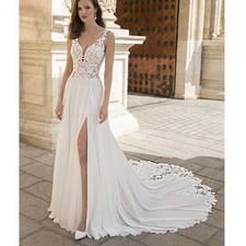 A-Line Split Chiffon Illusion Bodice Customized Beach Wedding Dress