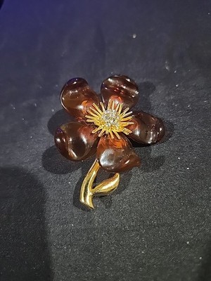 LOVELY JOAN RIVERS GOLD TONE TORTOISE RESIN & RHINESTONE FLOWER BROOCH PIN
