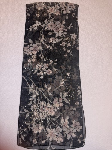 Sheer Floral Long Scarf Black Gray Pink Gold Foil Accents 11x55 Lightweight