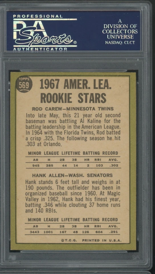 1967 Topps AL Rookies Rod Carew Twins/ Hank Allen # 569 PSA 7.5 NM+ D1 - Image 2 of 2