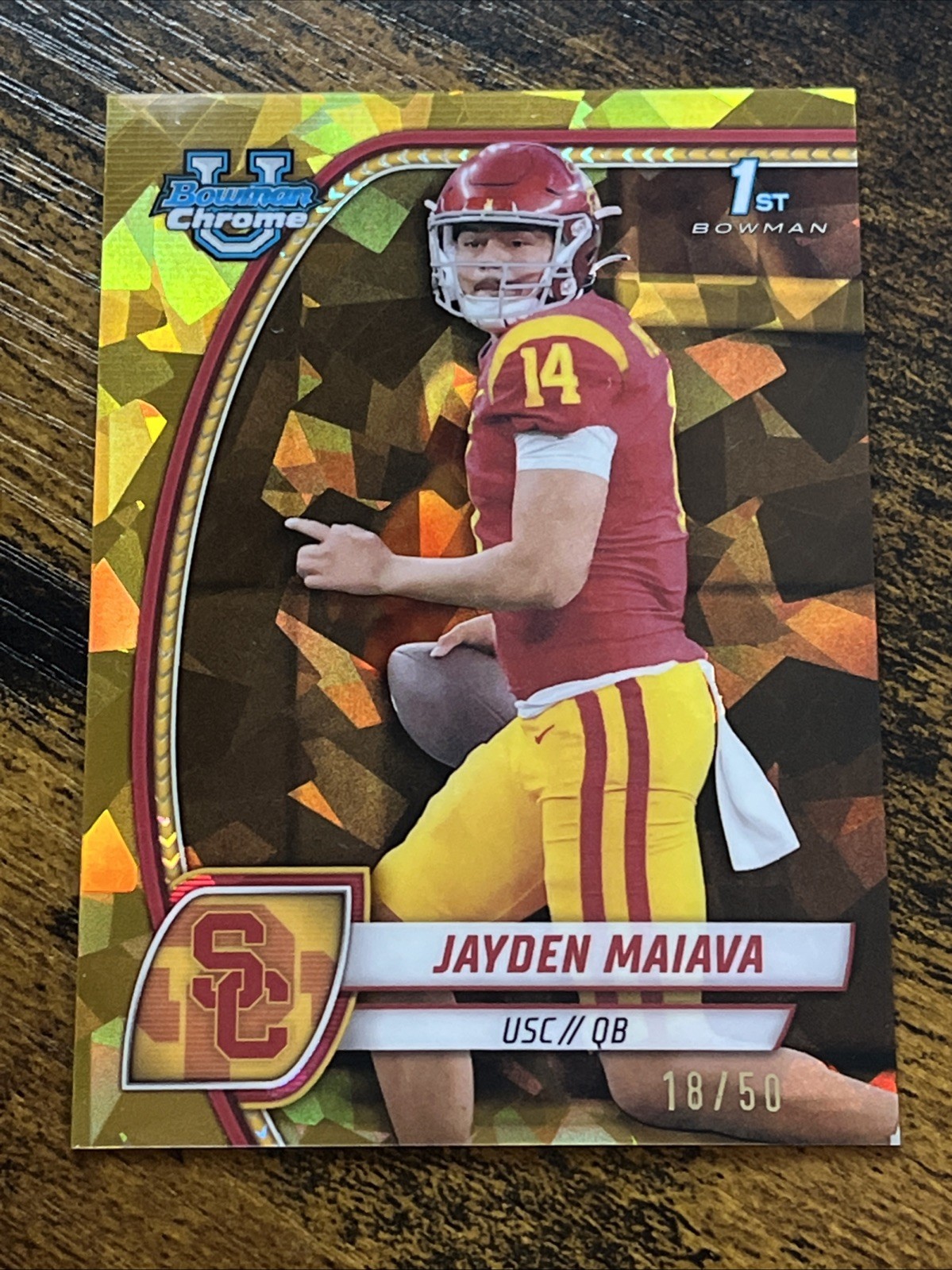 Jayden Maiava 2024 Bowman University Chrome Sapphire 1st Gold Refractor /50 #195