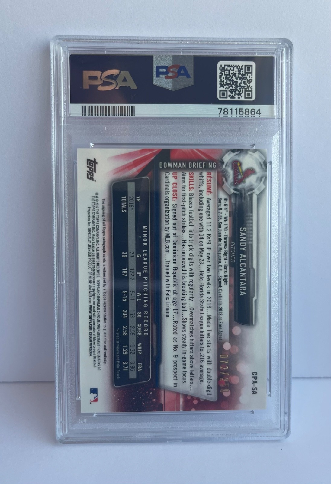 SANDY ALCANTARA 2017 BOWMAN CHROME PURPLE REFRACTOR AUTO RC ROOKIE PSA 9 /250 view 3