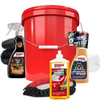 Auto Wasch Set SONAX Glanzshampoo Felgenreiniger Detailer Wascheimer Mikrofaser