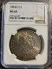 1884-O New Orleans Morgan Silver Dollar NGC MS 64 Beautiful Rainbow Toning