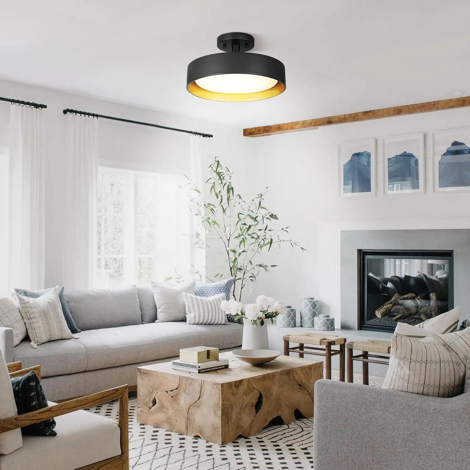 Semi Flush Mount Ceiling Lights, 12 Inch 25W LED Ceiling Light Fixture Black for