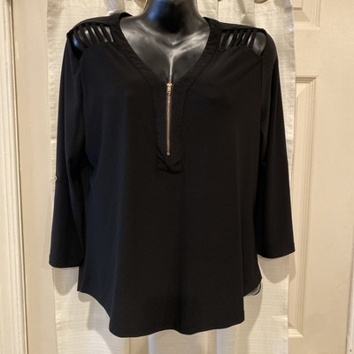 Sweet Wanderer Blouse Womens V Neck Cut Out Shoulder Roll Tab Sleeve Sz XL