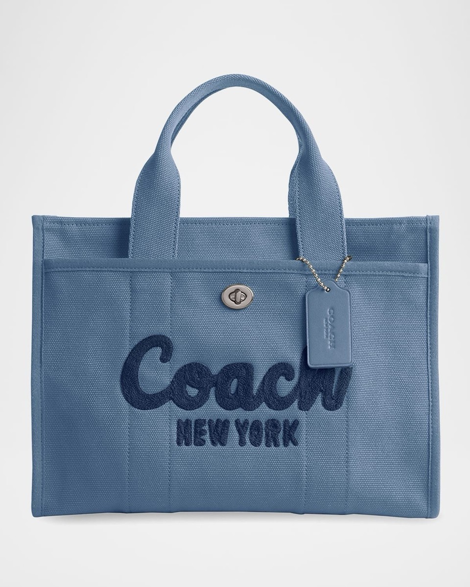 Coach Blue Tote Bag Logo Accent Turn Lock Silver Hardware Women's