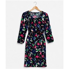 Talbots Floral Dress 3/4 Sleeve Navy Pink Green Stretch Size S