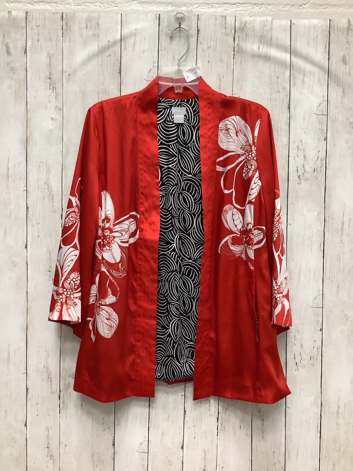 Chico's Batik Dream Kimono Jacket Satin Flame Scarlet Floral Open Front Size 1